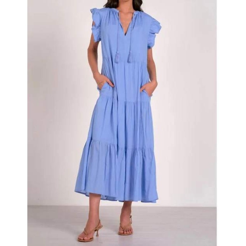 Elan Blue Tiered Maxi Dress Ruffle Sleeve Tassel Tie Split Neck Womens L